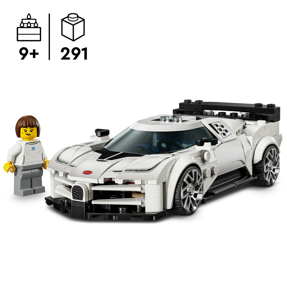 LEGO Bugatti Centodieci Hyper Sports Car set 77240 featuring a white and black brick-built sports car model with detailed wheels and aerodynamic design, accompanied by a minifigure in white and grey clothing, displayed against a white background with age rating 9+ and piece count of 291