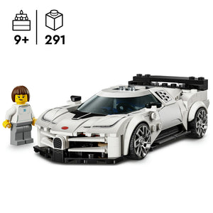 LEGO Bugatti Centodieci Hyper Sports Car set 77240 featuring a white and black brick-built sports car model with detailed wheels and aerodynamic design, accompanied by a minifigure in white and grey clothing, displayed against a white background with age rating 9+ and piece count of 291