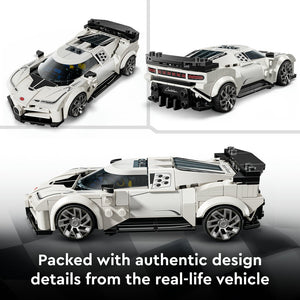 LEGO Bugatti Centodieci white and black buildable hypercar model shown from three angles displaying opening doors, detailed interior, aerodynamic body design and authentic replica details from the real vehicle