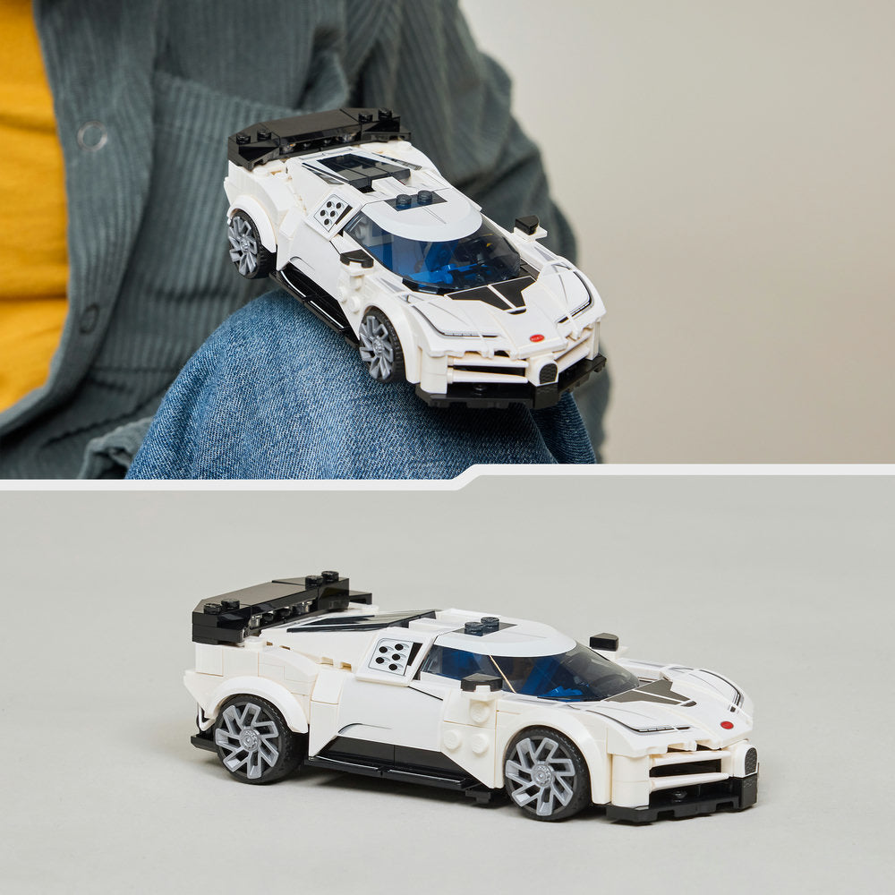 LEGO Bugatti Centodieci white hypercar model set 77240 shown in two views - top image displays the assembled model held in hands over blue denim, bottom image shows detailed side profile with opening doors and black wheels on white background