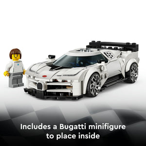 LEGO Bugatti Centodieci white and black hyper sports car model 77240 with included minifigure wearing white racing suit, displayed against checkered background