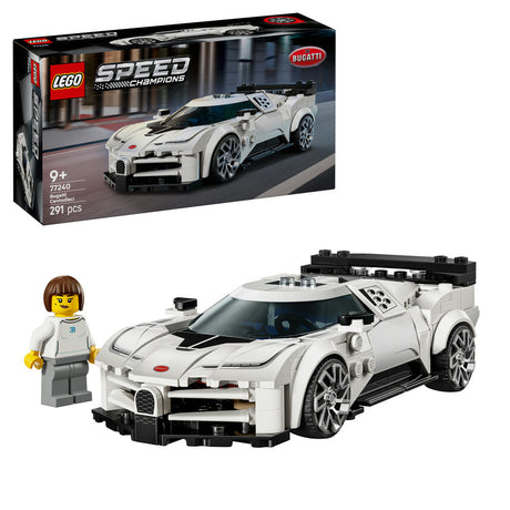 LEGO Speed Champions Bugatti Centodieci white and black hypercar building set 77240 with 201 pieces including minifigure shown in box and assembled model