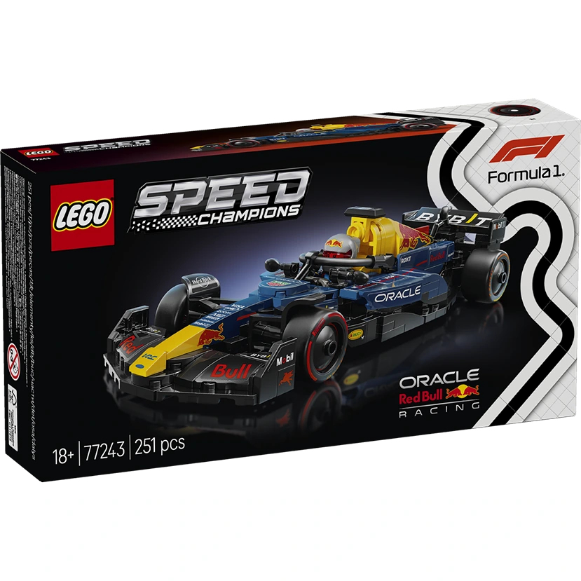 LEGO Speed Champions Oracle Red Bull Racing RB20 Formula 1 race car set 77243 featuring blue black and yellow buildable F1 car with 251 pieces for ages 18 plus displayed in packaging box with Formula 1 branding