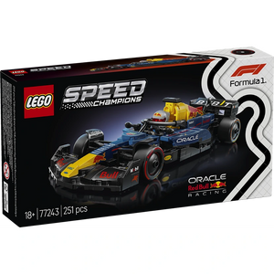 LEGO Speed Champions Oracle Red Bull Racing RB20 Formula 1 race car set 77243 featuring blue black and yellow buildable F1 car with 251 pieces for ages 18 plus displayed in packaging box with Formula 1 branding