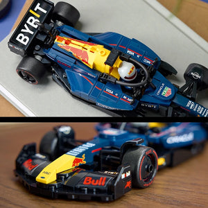 Two views of LEGO Oracle Red Bull Racing RB20 F1 race car set 77243 showing blue and yellow buildable model with Red Bull branding from top-down and angled perspectives on white and wooden surfaces