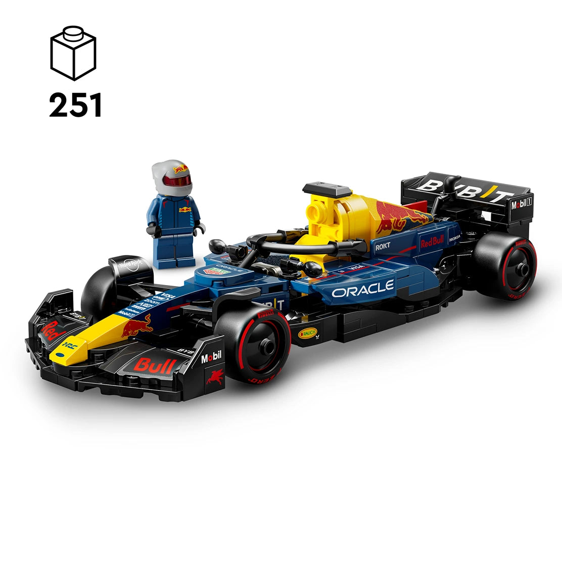 LEGO Oracle Red Bull Racing RB20 Formula 1 race car set 77243 featuring dark blue and yellow detailed F1 car with black wheels, red accents, and included minifigure driver in blue racing suit with helmet, displayed with 251 piece count indicator