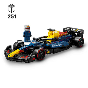 LEGO Oracle Red Bull Racing RB20 Formula 1 race car set 77243 featuring dark blue and yellow detailed F1 car with black wheels, red accents, and included minifigure driver in blue racing suit with helmet, displayed with 251 piece count indicator