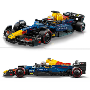 LEGO Oracle Red Bull Racing RB20 F1 race car set 77243 shown from top and side angles, featuring blue and black bodywork with red accents, yellow engine cover, Oracle and BYB!T sponsorship decals, Mobil branding, and poseable driver minifigure