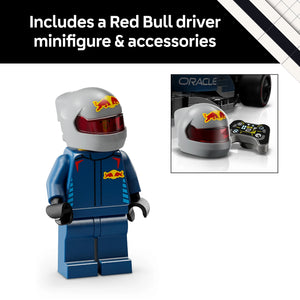 LEGO Oracle Red Bull Racing RB20 F1 Race Car set 77243 featuring a white and blue Red Bull driver minifigure with helmet and racing suit, alongside a white helmet with red visor and Red Bull logo, plus a black remote control, displayed with the Oracle-branded F1 car model in background