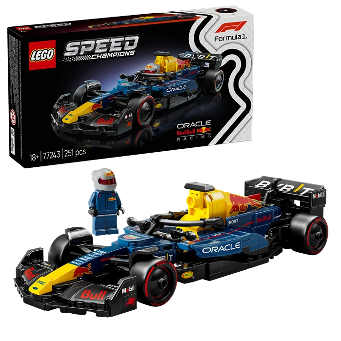 LEGO Speed Champions Oracle Red Bull Racing RB20 Formula 1 race car set 77243 featuring blue and yellow buildable F1 car with black wheels, minifigure driver, and 251 piece construction kit