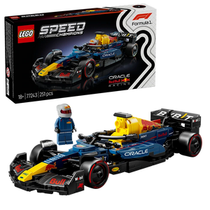 LEGO Speed Champions Oracle Red Bull Racing RB20 Formula 1 race car set 77243 featuring blue and yellow buildable F1 car with black wheels, minifigure driver, and 251 piece construction kit