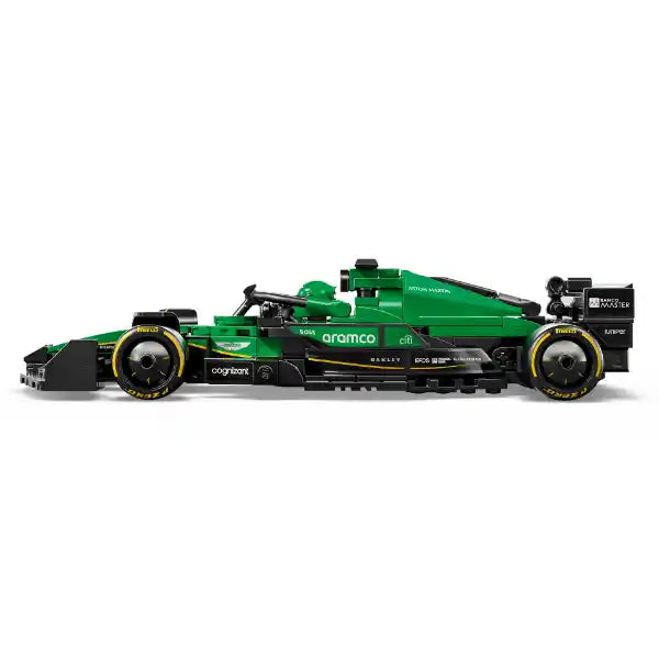 LEGO Aston Martin Aramco F1 AMR24 Race Car model 77245 featuring green and black livery with yellow accents on wheels, displayed in side profile view against white background