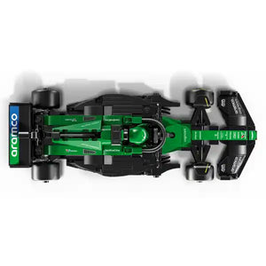 Top-down view of LEGO Aston Martin Aramco F1 AMR24 race car model featuring bright green bodywork with black accents, detailed cockpit area, silver wheels with black rims, and Aramco branding on the side wing