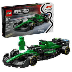 LEGO Speed Champions Aston Martin Aramco F1 AMR24 set 77245 featuring green and black Formula 1 race car with yellow accents, included minifigure driver, and original packaging box displaying 269 pieces for ages 10 and up