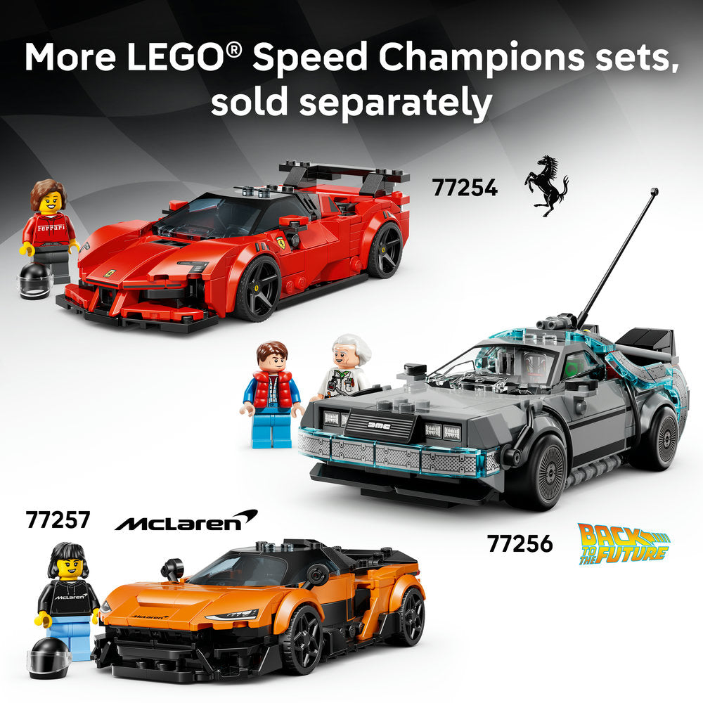 LEGO Speed Champions Bugatti Vision GT Hyper Sports Car set 77253 with orange buildable model, minifigure driver in black outfit, and silver helmet displayed alongside promotional imagery of three additional collectible car sets including Ferrari, McLaren, and Back to the Future DeLorean