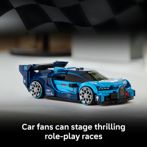 LEGO Bugatti Vision GT Hyper Sports Car set 77253 featuring a bright blue and black buildable race car with detailed wheels, aerodynamic spoiler and racing livery on a white display surface with checkered flag background