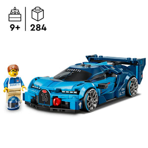 LEGO Bugatti Vision GT blue hyper sports car set 77253 with 284 pieces featuring detailed racing vehicle, minifigure driver in Bugatti racing suit with helmet, and spoiler wing detail, recommended for ages 9 and up