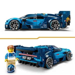 LEGO Bugatti Vision GT Hyper Sports Car set 77253 featuring a detailed blue and black buildable sports car with Michelin tires, silver alloy wheels, opening doors, and a minifigure driver in white and blue Bugatti racing suit with helmet