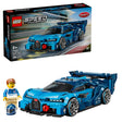LEGO Speed Champions Bugatti Vision Gran Turismo 77253 set showing blue brick-built hypercar with racing details, included minifigure in Bugatti racing suit with helmet, and original packaging box displaying the 284-piece set for ages 9 and up