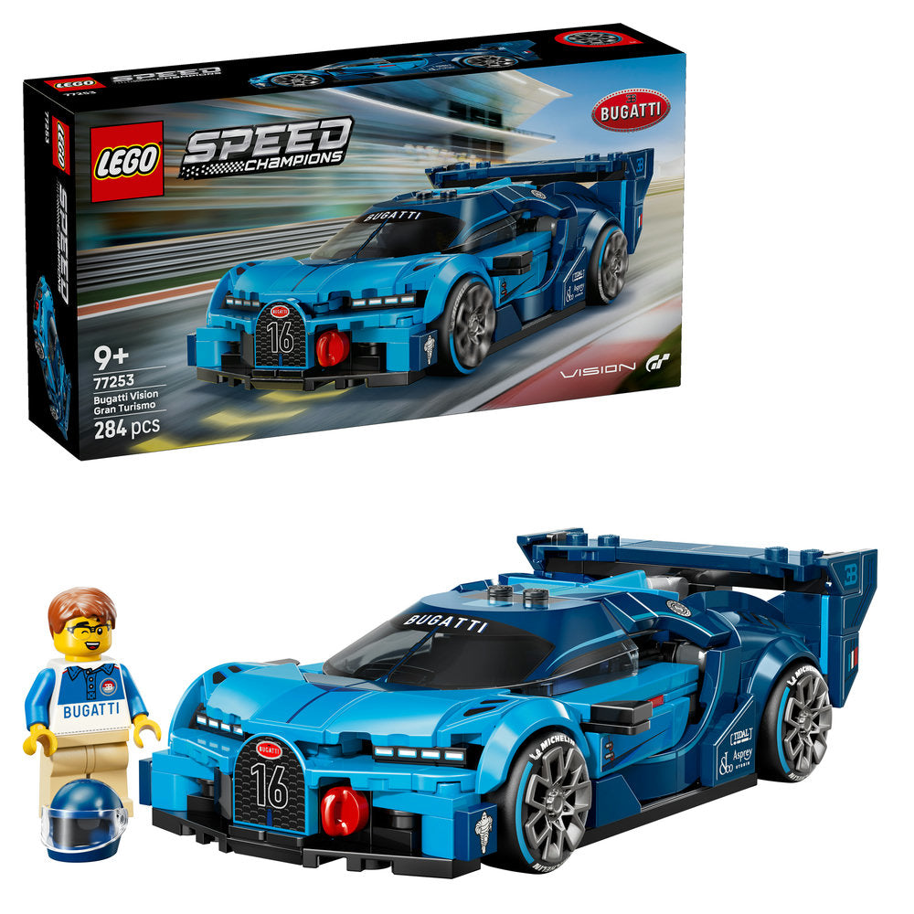 LEGO Speed Champions Bugatti Vision Gran Turismo 77253 set showing blue brick-built hypercar with racing details, included minifigure in Bugatti racing suit with helmet, and original packaging box displaying the 284-piece set for ages 9 and up