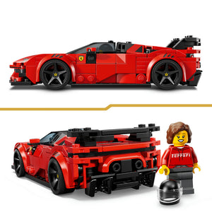 LEGO Ferrari SF90 XX Stradale red sports car building set featuring detailed brick construction with black wheels and accents, displayed in side profile view with assembled model below showing minifigure driver and helmet accessory