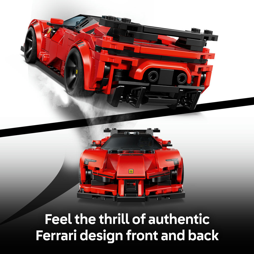 LEGO Ferrari SF90 XX Stradale sports car set 77254 showing red and black brick construction model from front and rear angles with authentic Ferrari design details