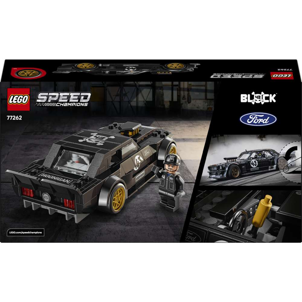 LEGO Speed Champions Ken Block's '65 Ford Mustang Hoonicorn V1 77262 - the back of the box showing play features and box contents. 345 pieces. Ages 9+.