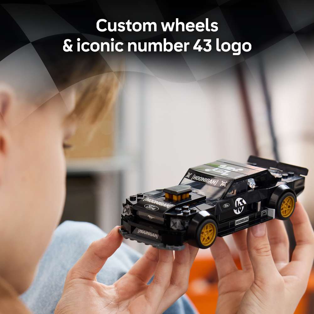 LEGO Speed Champions Ken Block's '65 Ford Mustang Hoonicorn V1 77262 - captioned product view. 345 pieces. Ages 9+.