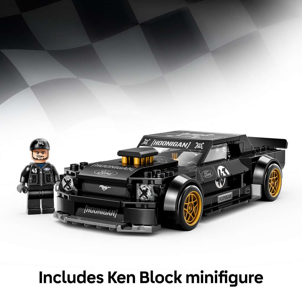 LEGO Speed Champions Ken Block's '65 Ford Mustang Hoonicorn V1 77262 - captioned product view. 345 pieces. Ages 9+.