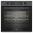 Beko Pro AeroPerfect anthracite built-in single oven with dark grey exterior, digital display showing 00:34, dual control knobs, stainless steel racks and interior visible through glass door