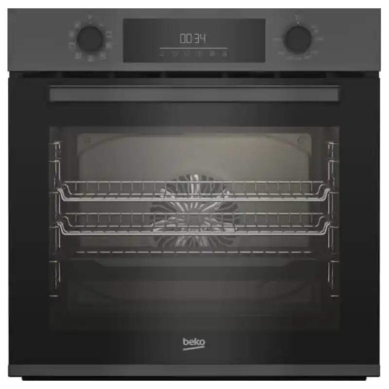 Beko Pro AeroPerfect anthracite built-in single oven with dark grey exterior, digital display showing 00:34, dual control knobs, stainless steel racks and interior visible through glass door