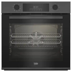 Beko Pro AeroPerfect anthracite built-in single oven with dark grey exterior, digital display showing 00:34, dual control knobs, stainless steel racks and interior visible through glass door