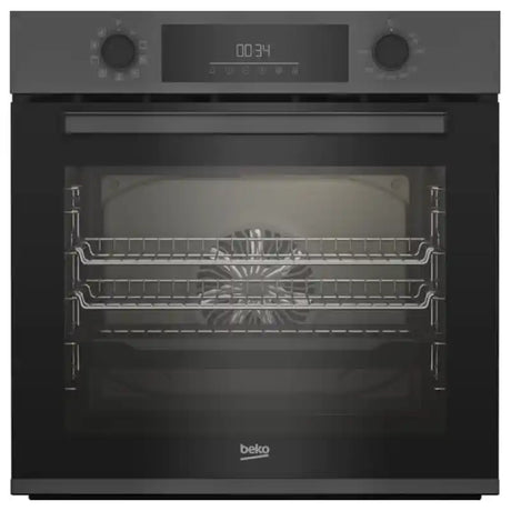 Beko Pro AeroPerfect anthracite built-in single oven with dark grey exterior, digital display showing 00:34, dual control knobs, stainless steel racks and interior visible through glass door