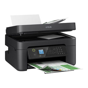 Black Epson WorkForce WF-2930DWF all-in-one multifunction printer with automatic document feeder, touchscreen display, and green printed documents coming out of the paper tray