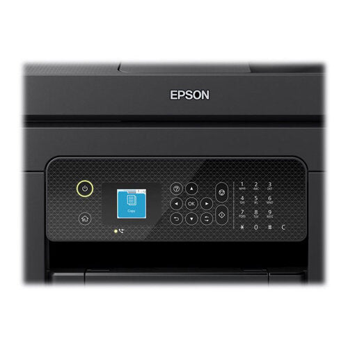 Epson WorkForce WF-2930DWF black all-in-one multifunction printer with blue touchscreen display, control buttons and numeric keypad on textured front panel