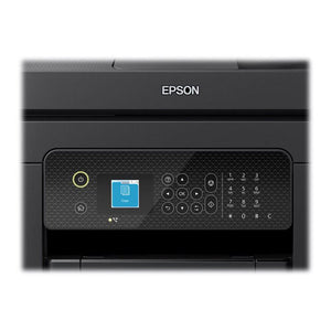 Epson WorkForce WF-2930DWF black all-in-one multifunction printer with blue touchscreen display, control buttons and numeric keypad on textured front panel
