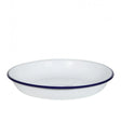 White bowl with a blue rim on a white background