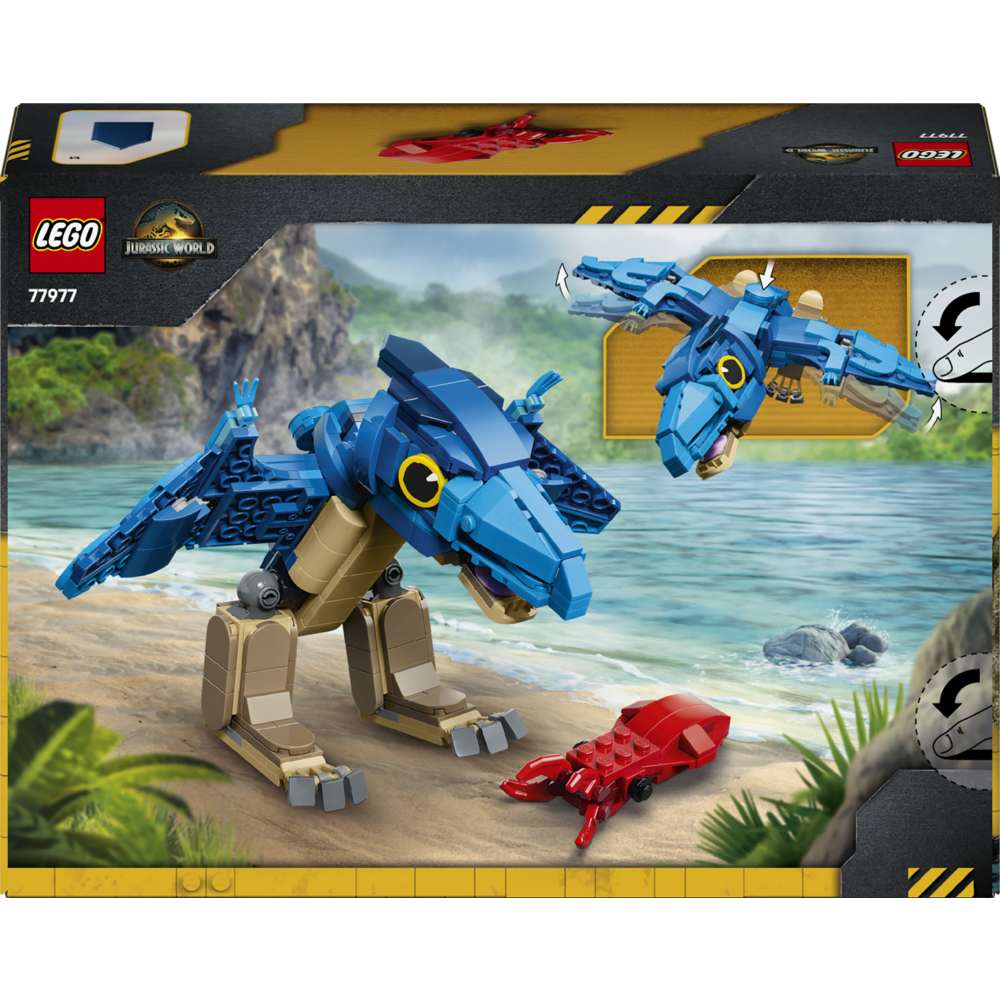 LEGO Jurassic World Baby Dinosaur: Pteranodon 77977 - the back of the box showing play features and box contents. 373 pieces. Ages 7+.