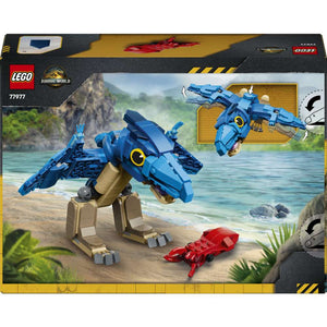 LEGO Jurassic World Baby Dinosaur: Pteranodon 77977 - the back of the box showing play features and box contents. 373 pieces. Ages 7+.