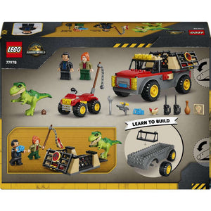 LEGO Jurassic World Young T. rex Transport Truck 77978 - the back of the box showing play features and box contents. 115 pieces. Ages 4+.