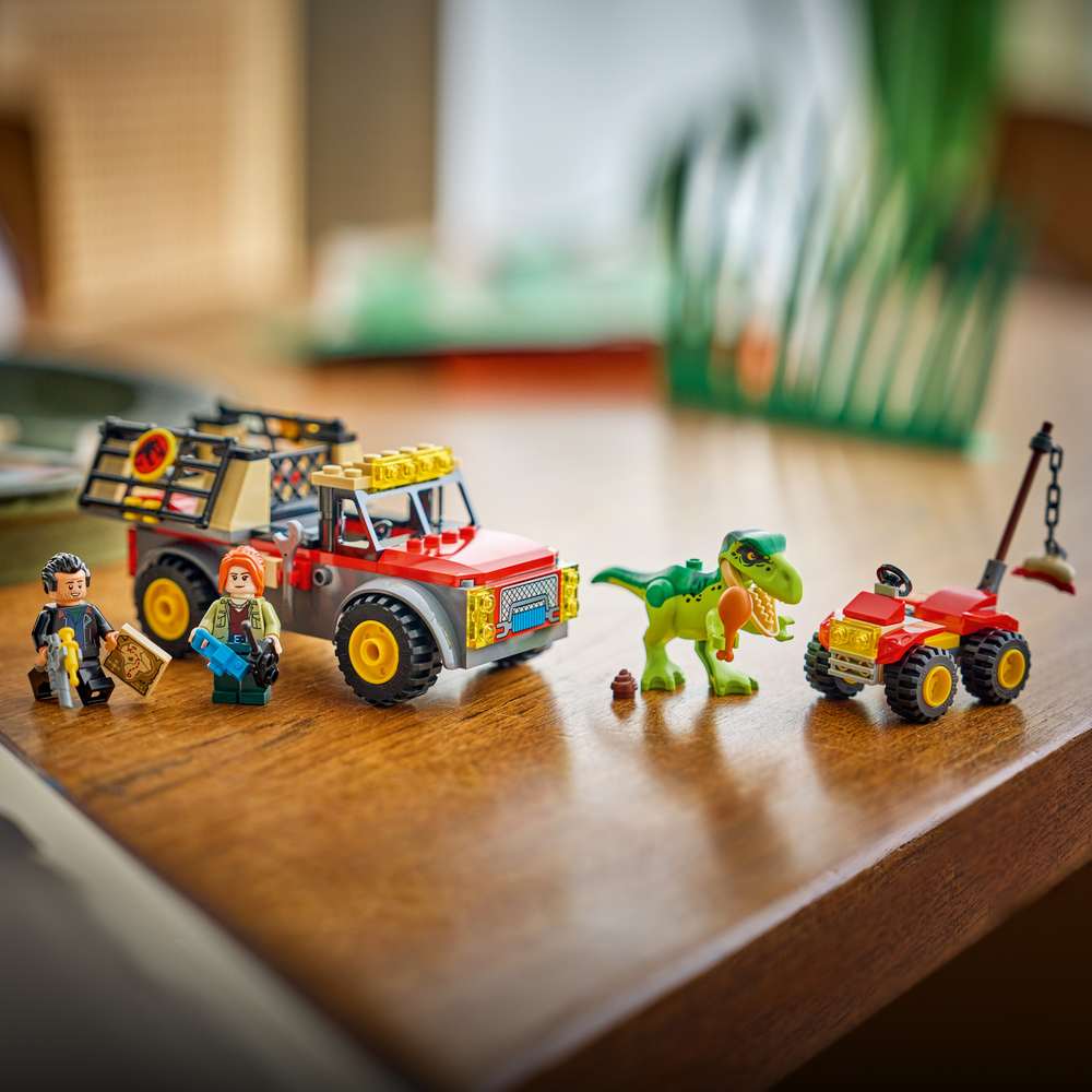 LEGO Jurassic World Young T. rex Transport Truck 77978 - the finished build shown in a home setting. 115 pieces. Ages 4+.