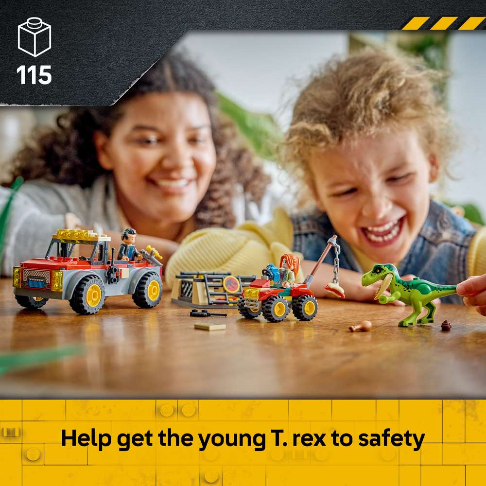 LEGO Jurassic World Young T. rex Transport Truck 77978 - captioned product view. 115 pieces. Ages 4+.