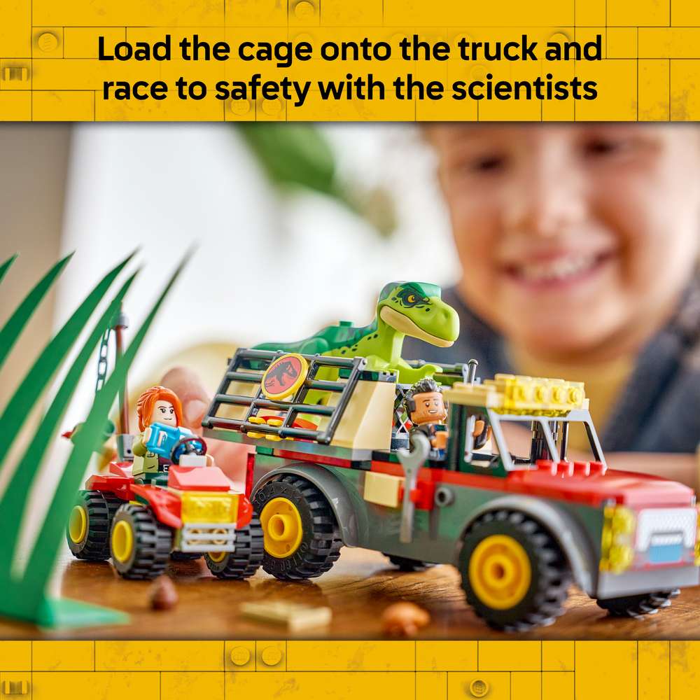 LEGO Jurassic World Young T. rex Transport Truck 77978 - captioned product view. 115 pieces. Ages 4+.