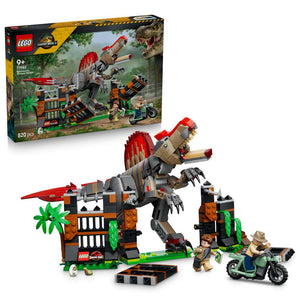 LEGO Jurassic World Spinosaurus Dinosaur Escape 77982 - shown with its product box. 820 pieces. Ages 9+.