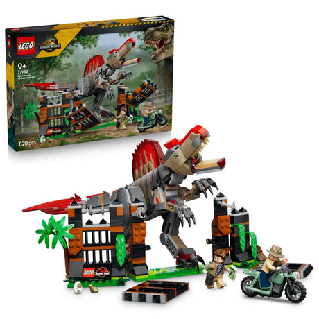 LEGO Jurassic World Spinosaurus Dinosaur Escape 77982 - shown with its product box. 820 pieces. Ages 9+.