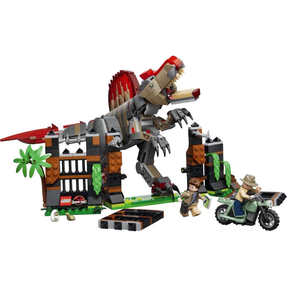 LEGO Jurassic World Spinosaurus Dinosaur Escape 77982 - the fully built model on a plain background. 820 pieces. Ages 9+.