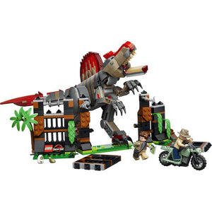 LEGO Jurassic World Spinosaurus Dinosaur Escape 77982 - the fully built model on a plain background. 820 pieces. Ages 9+.