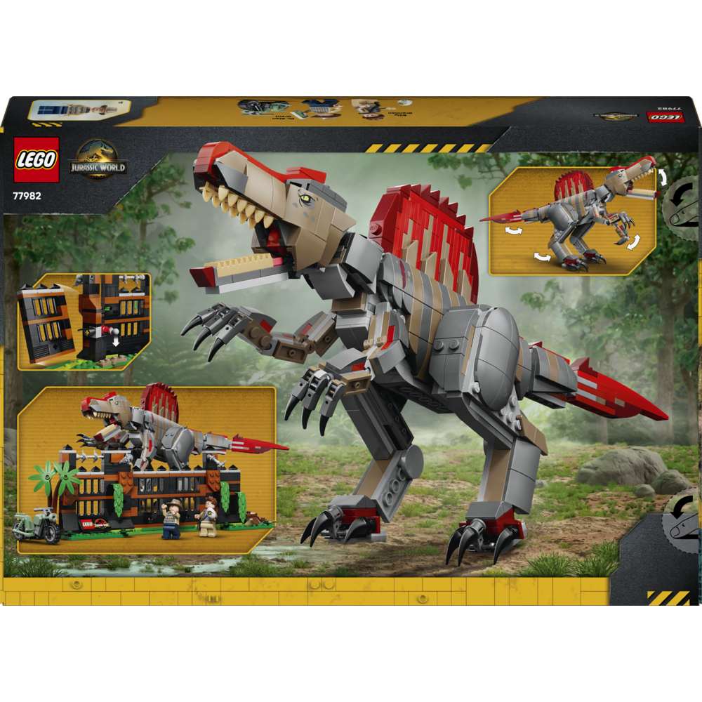 LEGO Jurassic World Spinosaurus Dinosaur Escape 77982 - the back of the box showing play features and box contents. 820 pieces. Ages 9+.