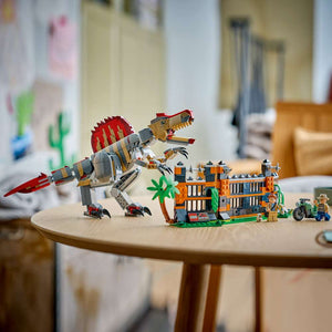 LEGO Jurassic World Spinosaurus Dinosaur Escape 77982 - the finished build shown in a home setting. 820 pieces. Ages 9+.