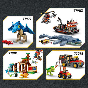 LEGO Jurassic World Spinosaurus Dinosaur Escape 77982 - shown alongside related LEGO sets sold separately. 820 pieces. Ages 9+.